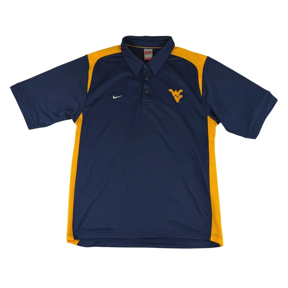 Nike Polo Shirt Mens Large Blue‎ Yellow West Virginia Mountaineers WVU Fit Dry